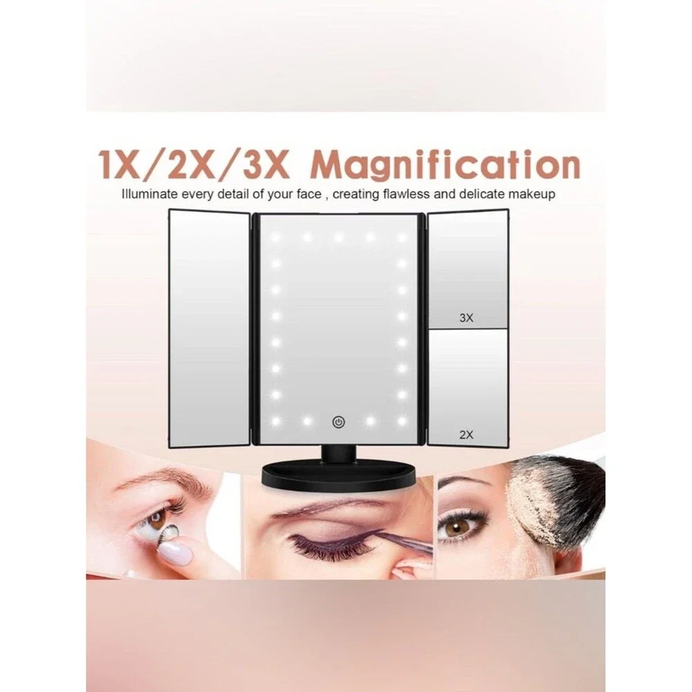 Make Up Mirror LED Magnifying USB Battery Weily Lighted Tri-Fold Adjustable Blk